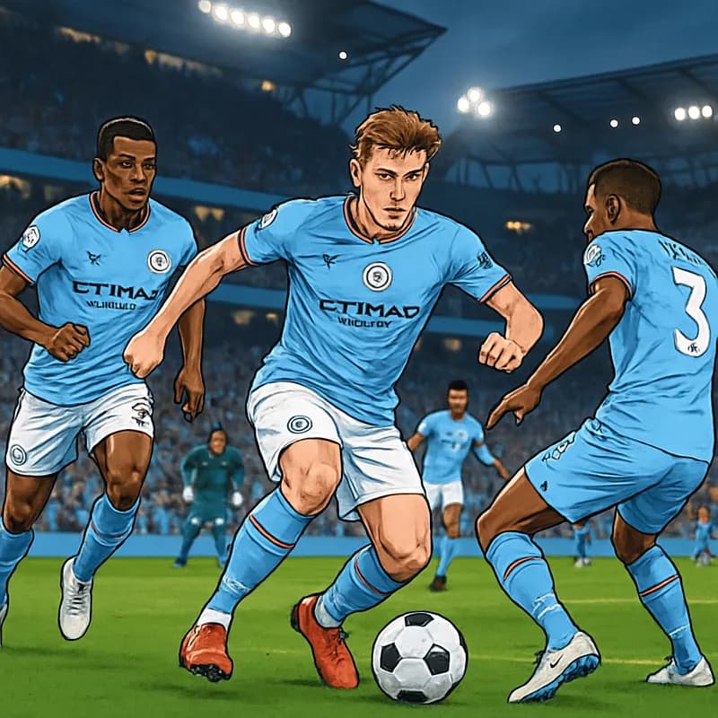A vibrant scene at the Etihad Stadium, with Manchester City players in their sky blue kits, preparing for a decisive match. The atmosphere is electric, with fans waving flags and banners, and the gree