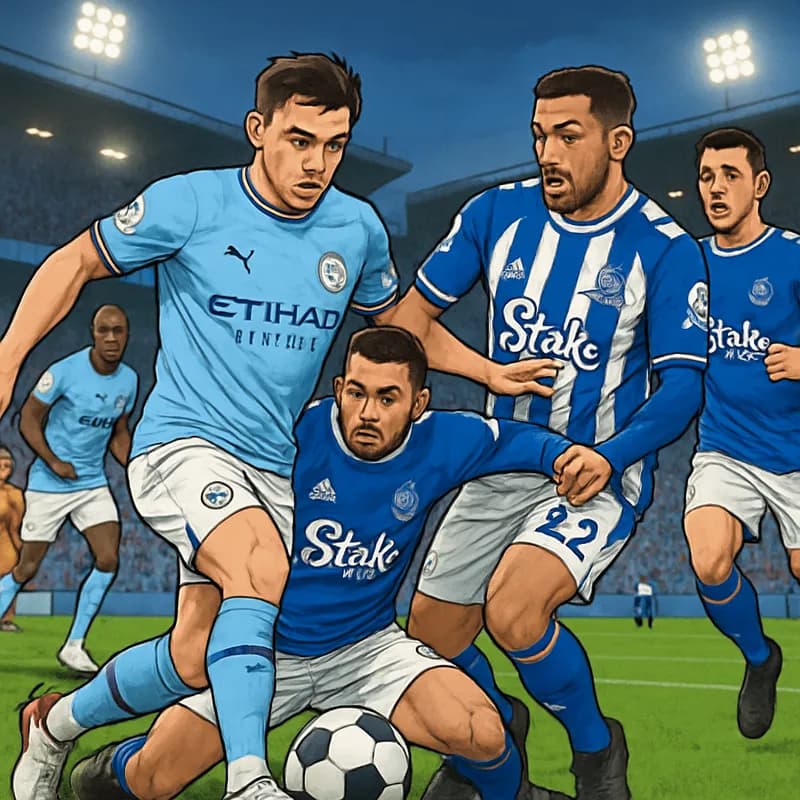 A vibrant scene at Hill Dickinson Stadium, featuring Manchester City in their sky blue kits facing off against Everton in their traditional blue and white stripes. The stadium is packed with enthusias