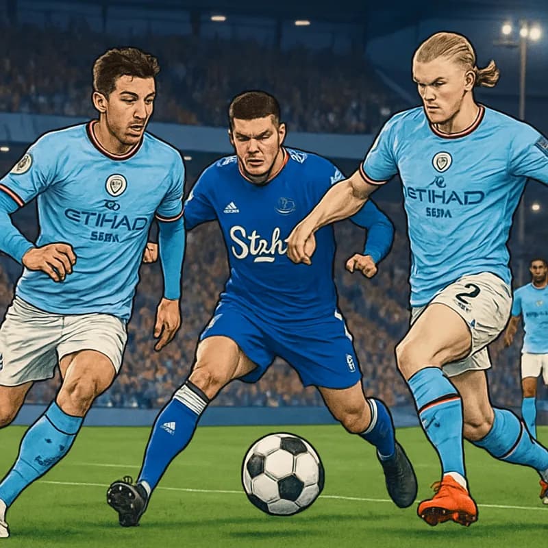 A vibrant scene at Hill Dickinson Stadium with Manchester City players in their sky blue kits and Everton in their royal blue jerseys. Fans are cheering passionately, with a green pitch and the excite