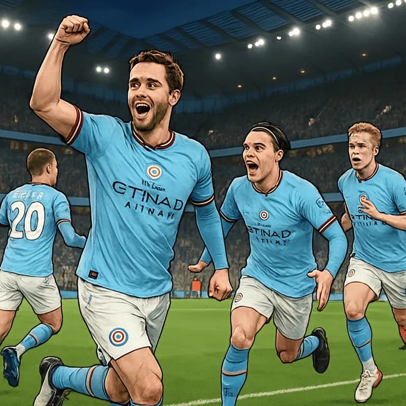 A vibrant scene at the Etihad Stadium with Manchester City players in their sky blue kits celebrating a goal, surrounded by cheering fans in the stands, with the green pitch and goals in the backgroun