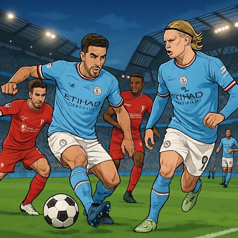 A vibrant scene at the Etihad Stadium, filled with enthusiastic fans wearing Manchester City sky blue jerseys. The atmosphere is electric as players warm up on the lush green pitch, with a soccer ball