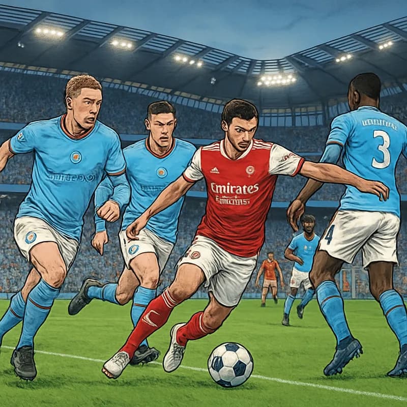 A vibrant scene at the Etihad Stadium, with Manchester City players in sky blue jerseys and Arsenal in their traditional red and white kits. The stadium is packed with fans, banners waving, and the at
