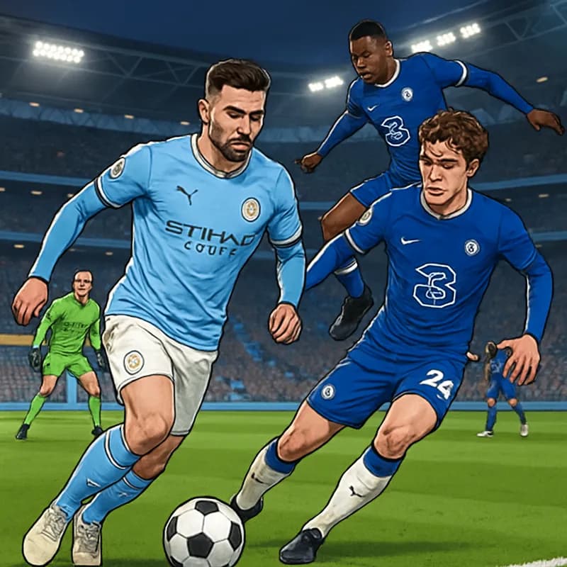 A vibrant scene at Wembley Stadium, filled with cheering fans in Manchester City sky blue and Chelsea royal blue jerseys, under the floodlights, with a football on the pitch.