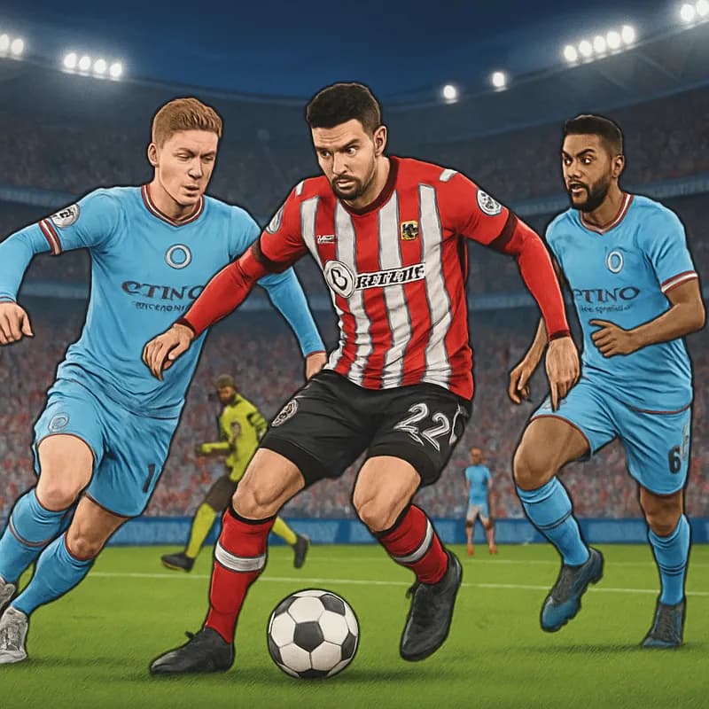 A vibrant scene at Wembley Stadium during the FA Cup semi-final, featuring Manchester City players in their sky blue kits and Southampton in red and white stripes, with fans creating a lively atmosphe