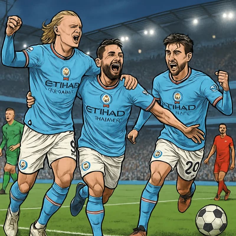 A vibrant scene at the Etihad Stadium, with Manchester City players in their sky blue home kits celebrating a goal, surrounded by a cheering crowd and a lush green pitch.