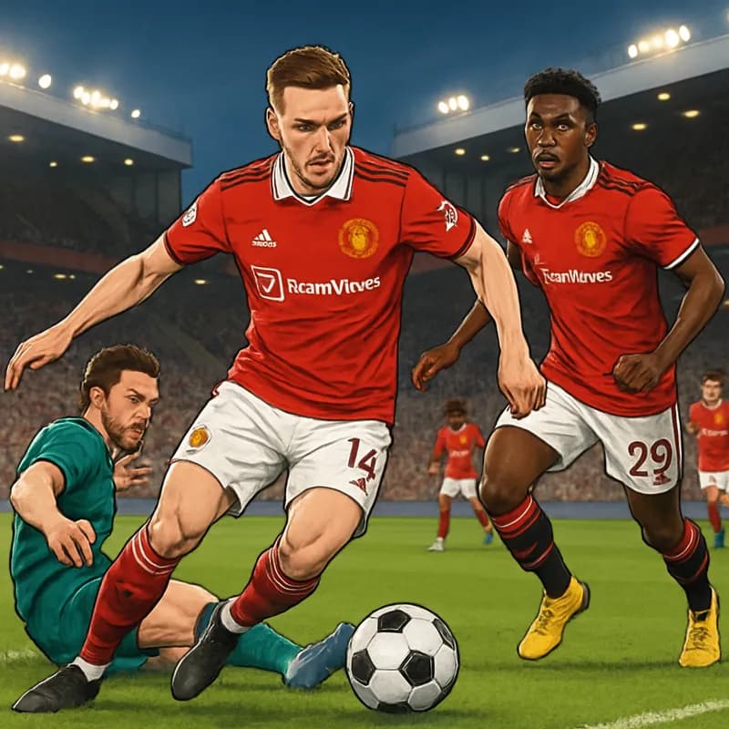A vibrant soccer scene at Old Trafford, showcasing Manchester United's red kits as they train, with fans in the stands and a soccer ball on the green pitch.