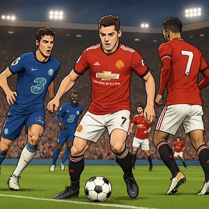 A vibrant scene at Old Trafford, with Manchester United fans in red jerseys cheering passionately as the team prepares for a match. The green pitch is illuminated under stadium lights, and a soccer ba