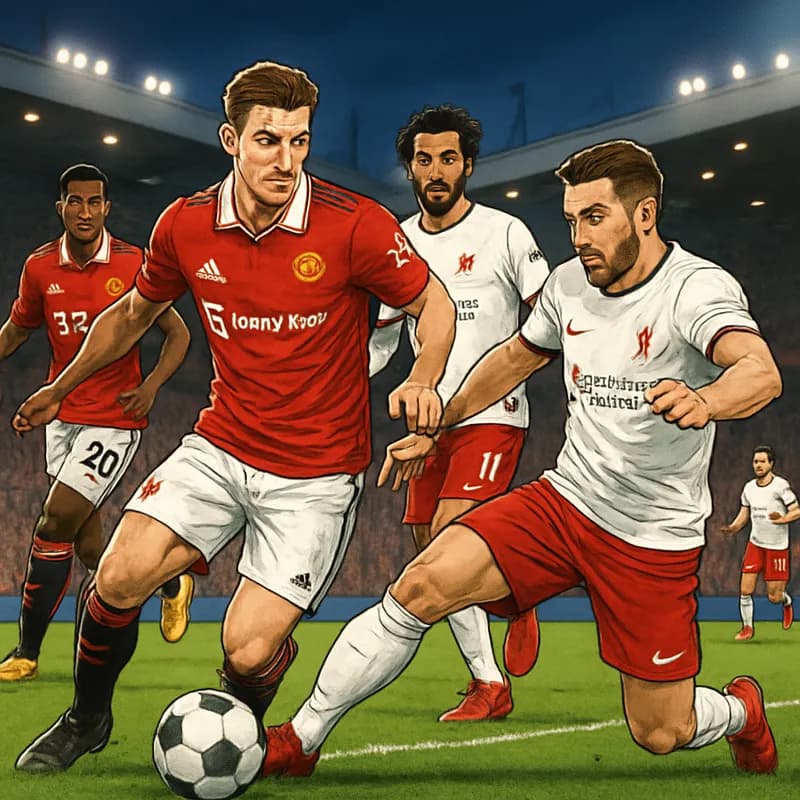 A vibrant scene at Old Trafford, with Manchester United players in their iconic red jerseys facing off against Liverpool in their classic red and white kits. The stadium is packed with passionate fans