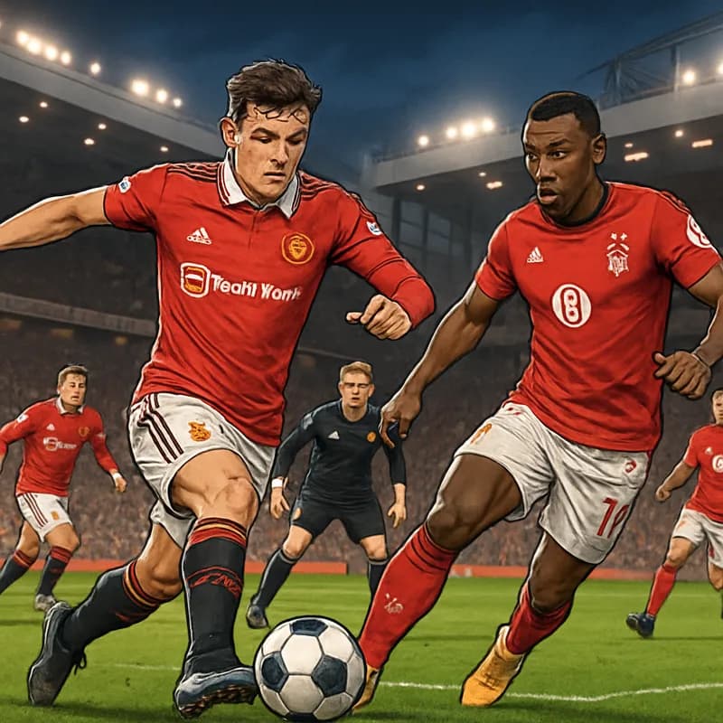 A vibrant scene at Old Trafford with Manchester United in their red jerseys and Nottingham Forest in their traditional garb. The stadium is buzzing with fans, banners waving, and a green pitch ready f