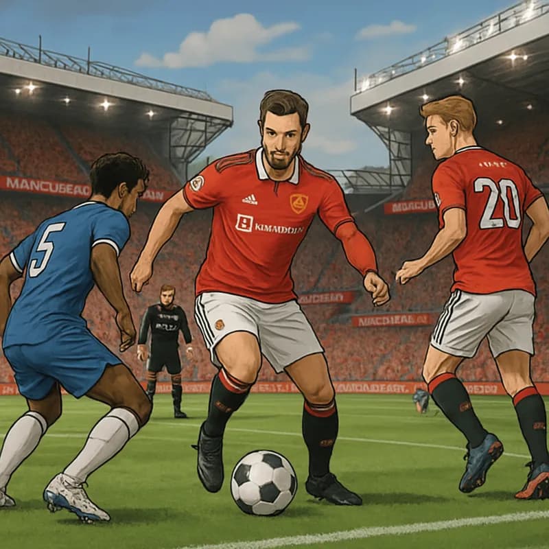 A vibrant matchday scene at Old Trafford during a summer transfer window, with Manchester United fans in red jerseys cheering, surrounded by banners. The atmosphere is electric, with a focus on the pi