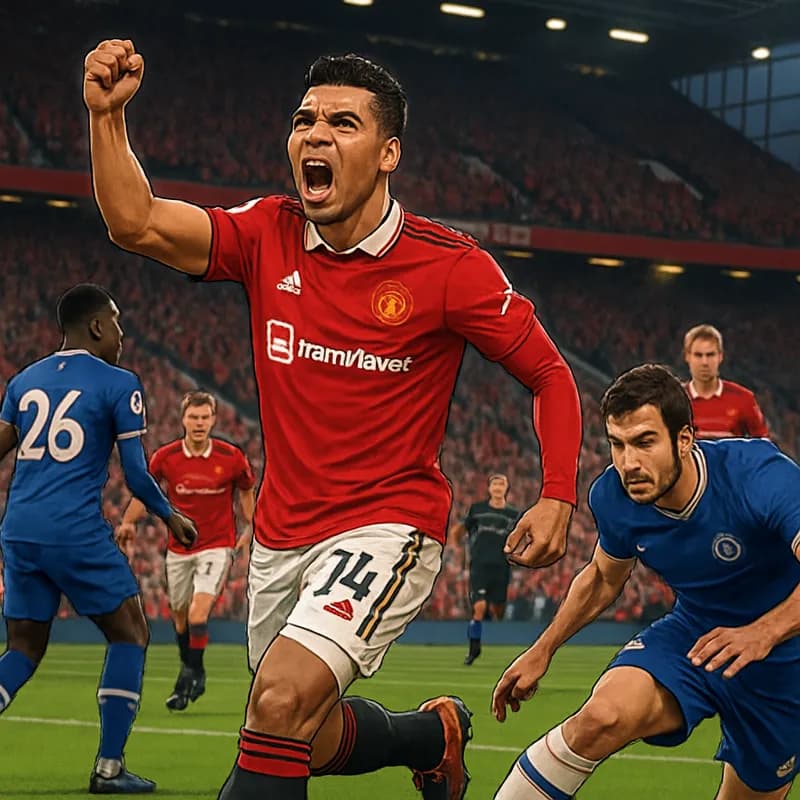 A vibrant scene at Old Trafford during a Manchester United match, with fans in red jerseys cheering passionately. Casemiro, in his iconic red Manchester United kit, celebrates after scoring a goal, wi