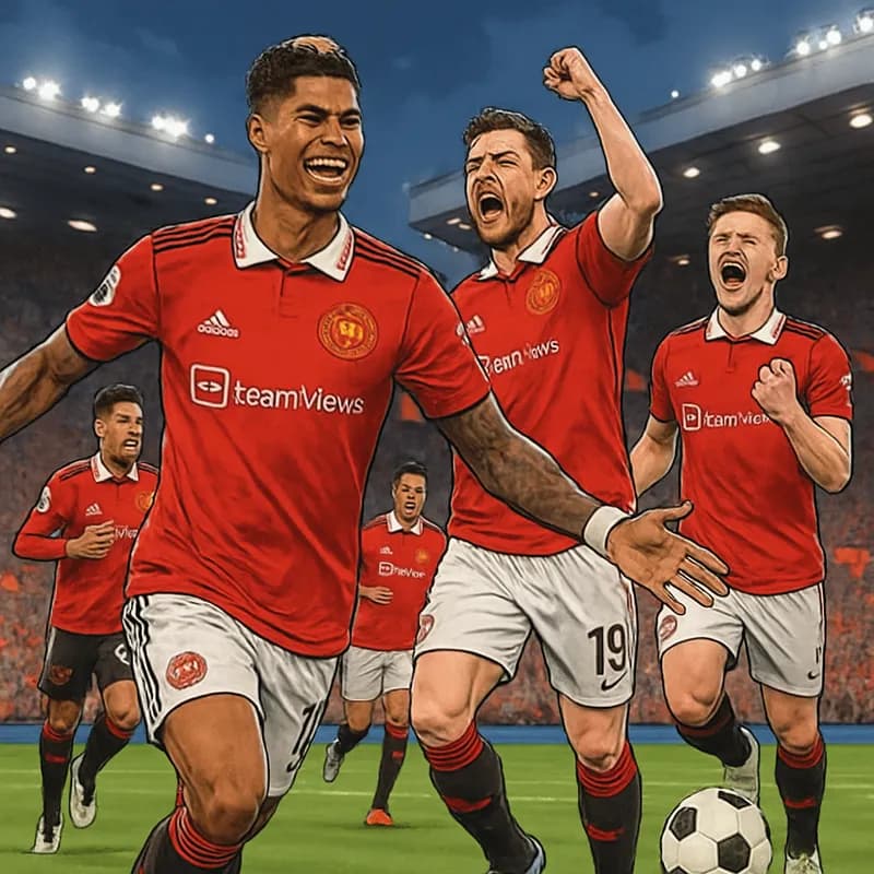 A vibrant soccer scene at Old Trafford, with Manchester United players in their iconic red jerseys, celebrating a goal amidst a packed stadium, with fans waving flags and creating an electric atmosphe