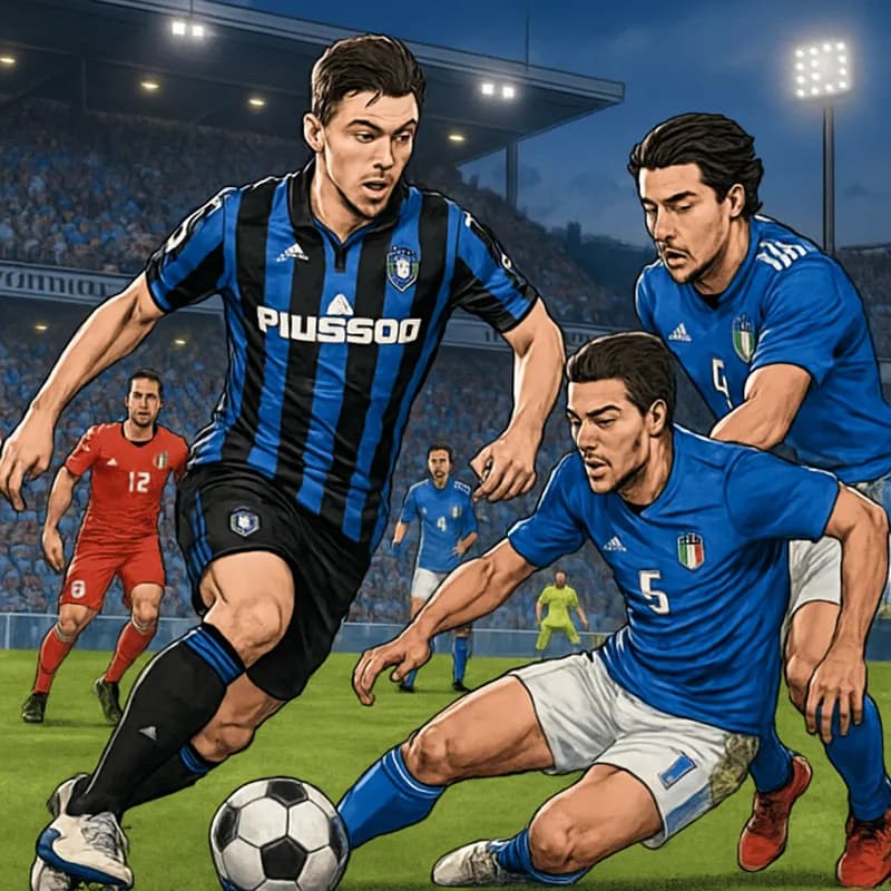 A soccer scene depicting Marco Palestra in his Atalanta kit, with the green pitch of Stade de Luxembourg in the background. Fans wearing Italy jerseys fill the stands, creating an exciting atmosphere 