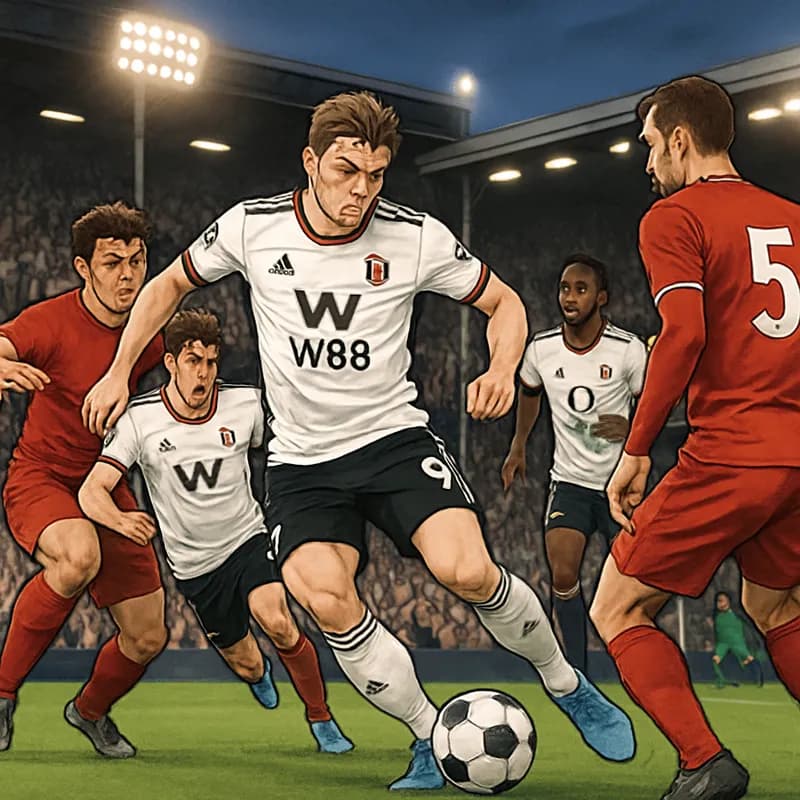 A vibrant scene from Craven Cottage during a Fulham match, with fans in white and black jerseys cheering passionately. The lush green pitch is alive with action as players in Fulham's kits engage in a