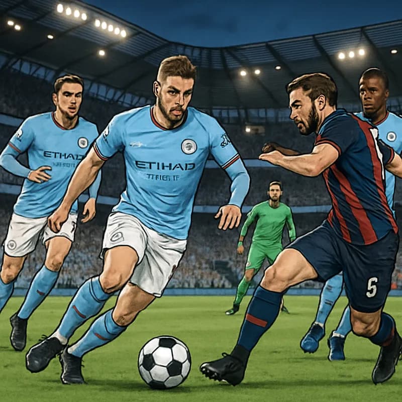 A vibrant scene at the Etihad Stadium during a match, with Manchester City players in their sky blue home kits battling for possession. The crowd is electrified, with banners flying and the green pitc