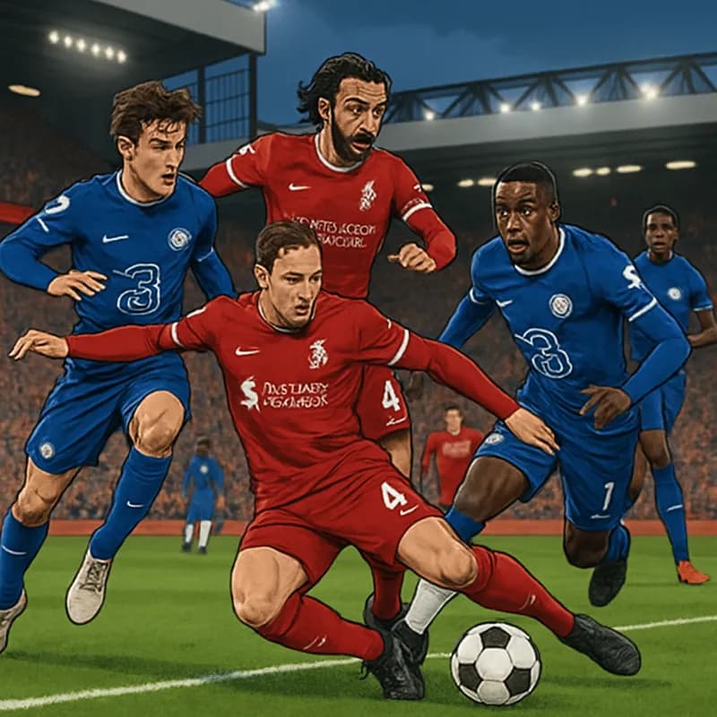 A vibrant scene at Anfield during the Liverpool vs Chelsea match, with Liverpool players in their red home jerseys battling against Chelsea in their blue kits. The stadium is packed with passionate fa