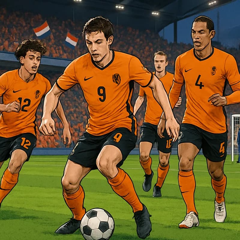 A scene at a vibrant stadium with Dutch fans in orange jerseys, waving flags, as the Netherlands team trains on the green pitch, preparing for the World Cup. The atmosphere is electric, with anticipat