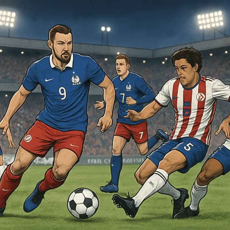 A tense moment during the World Cup match between France and Paraguay, featuring players in the blue and red kits of France and the white and blue of Paraguay, set against the vibrant atmosphere of Ph
