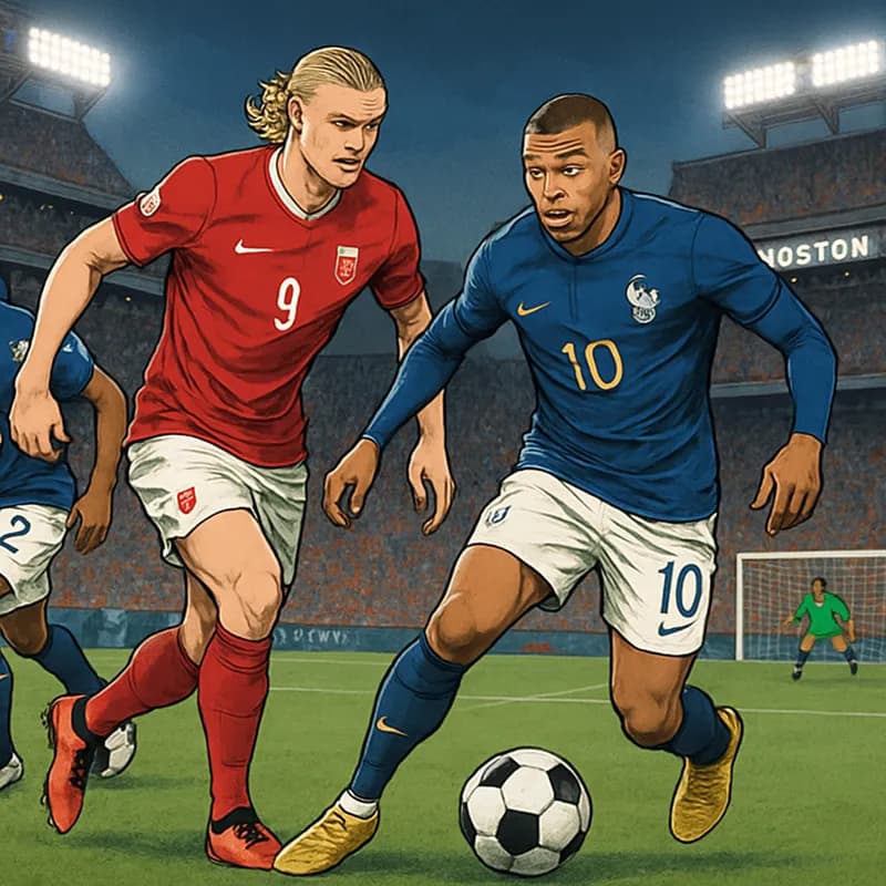 A vibrant scene at Boston Stadium during the World Cup, featuring Kylian Mbappe in France's blue jersey and Erling Haaland in Norway's red kit, surrounded by cheering fans and a green pitch under brig