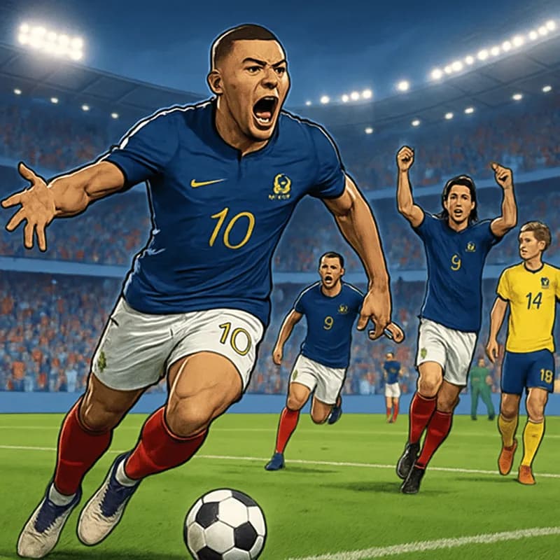 A vibrant stadium scene with fans in blue and red jerseys, celebrating as Kylian Mbappe scores a goal. The green pitch is in perfect condition, with the French team celebrating their victory over Swed