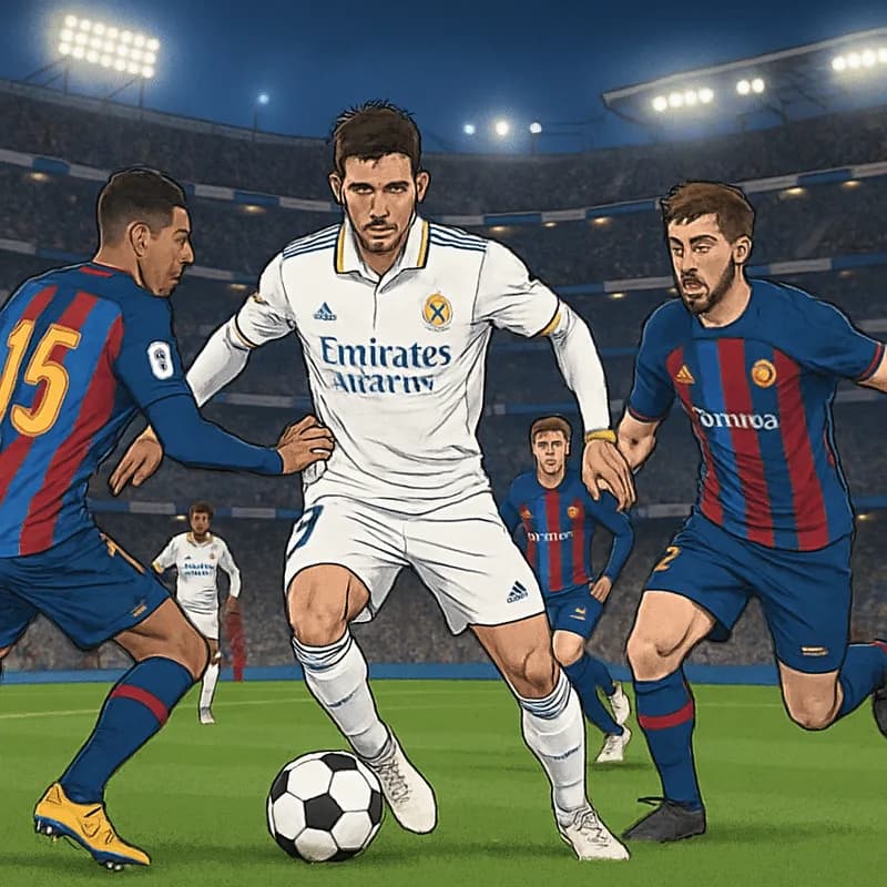 A vibrant scene at the Santiago Bernabéu Stadium during a Clasico, with Real Madrid players in their white jerseys battling against Barcelona in their blue and garnet kits. The atmosphere is electric,