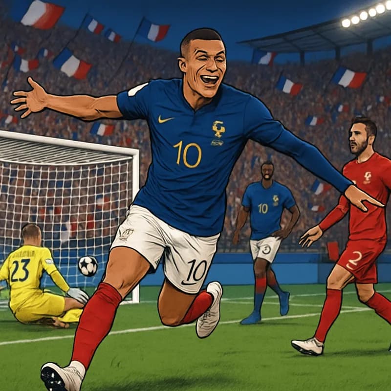 A vibrant scene from the World Cup match where Kylian Mbappé, wearing the blue jersey of France, celebrates scoring a goal. The stadium is packed with fans waving French flags, creating an electric at