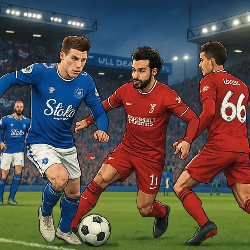 A vibrant scene capturing the Merseyside derby atmosphere at Hill Dickinson Stadium. Everton players in royal blue kits and Liverpool in their iconic red jerseys, with fans waving scarves and flags, c