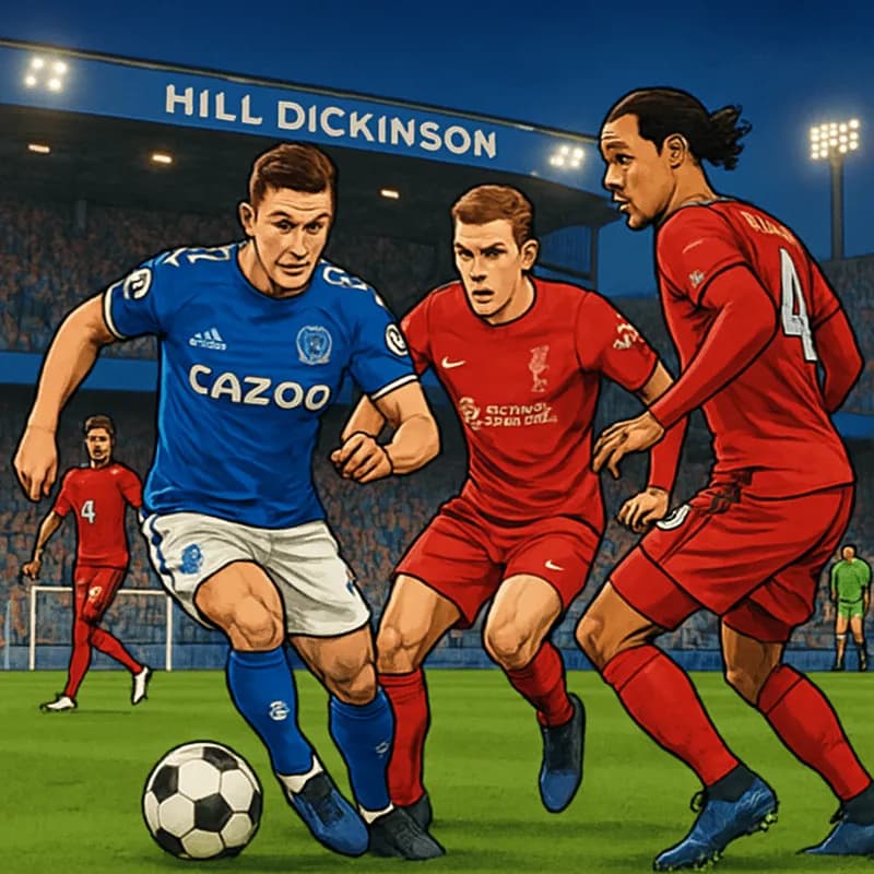 A vibrant scene at Hill Dickinson Stadium during the Merseyside derby. Fans in blue and red jerseys are cheering passionately, with a green pitch and goalposts in the background, capturing the electri