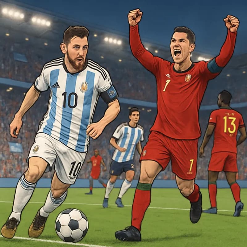 A vibrant stadium scene during a World Cup match, with Messi in Argentina's sky blue and white stripes dribbling the ball, while Ronaldo in Portugal's red kit celebrates a goal. Fans in the stands wav