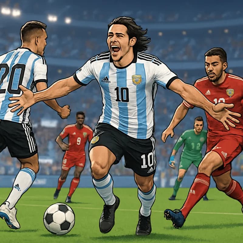 A vibrant scene from the Dallas Stadium during the Argentina vs. Jordan match, featuring Argentina in their iconic sky blue and white striped kits, celebrating a goal. The crowd is lively, with flags 
