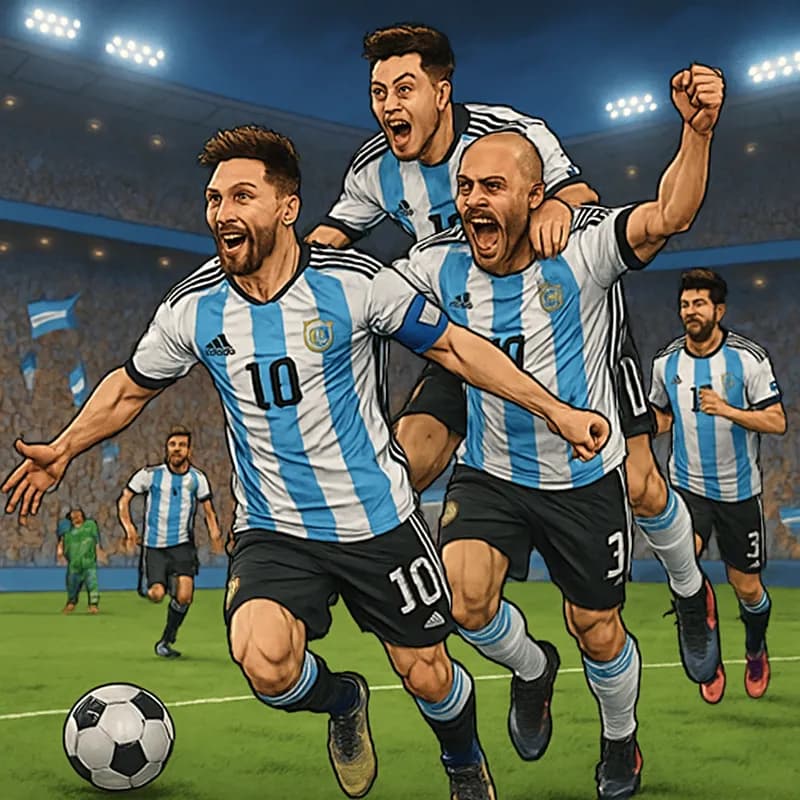 A vibrant soccer scene at a packed stadium, with players in Argentina's sky blue and white striped jerseys celebrating a goal. Fans are cheering passionately, waving flags, and the atmosphere is elect