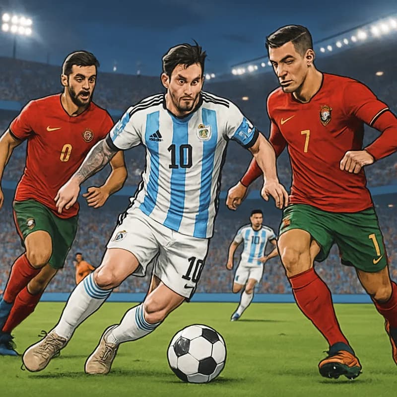 A vibrant stadium filled with fans wearing Argentina's sky blue and white jerseys and Portugal's red and green kits, with a focus on a soccer ball at center stage on a lush green pitch.