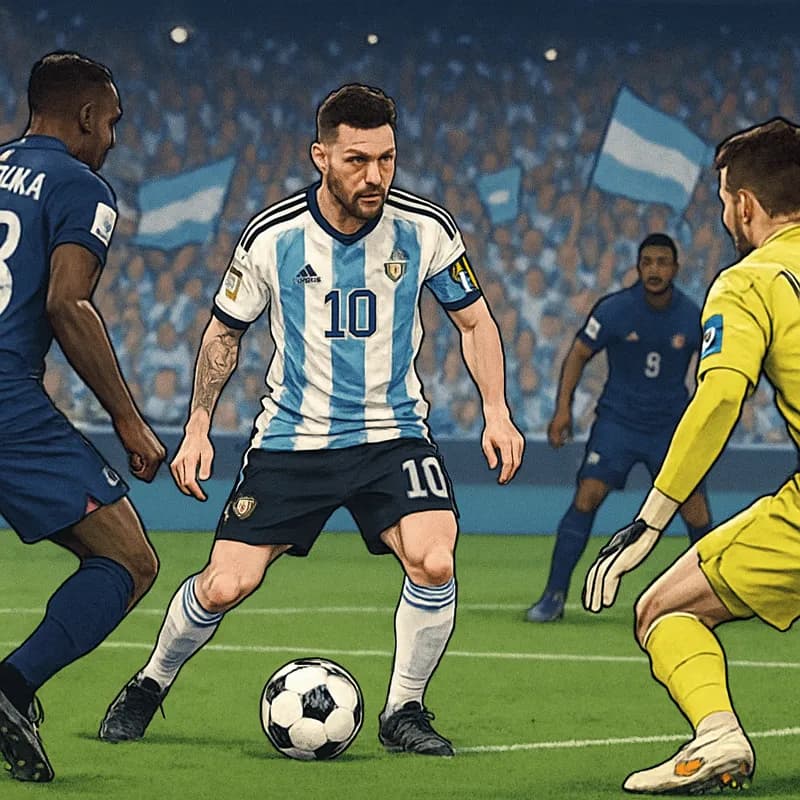 A tense scene at Dallas Stadium during a World Cup match, with Lionel Messi in Argentina's blue and white striped jersey, looking focused as he prepares for a penalty. The crowd is buzzing, with flags