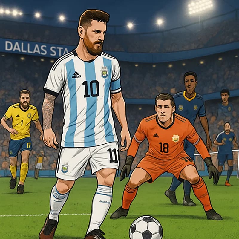A tense moment at Dallas Stadium, with Lionel Messi in Argentina's sky blue and white striped jersey, standing over a penalty spot, the crowd buzzing with anticipation. The green pitch is vibrant, wit