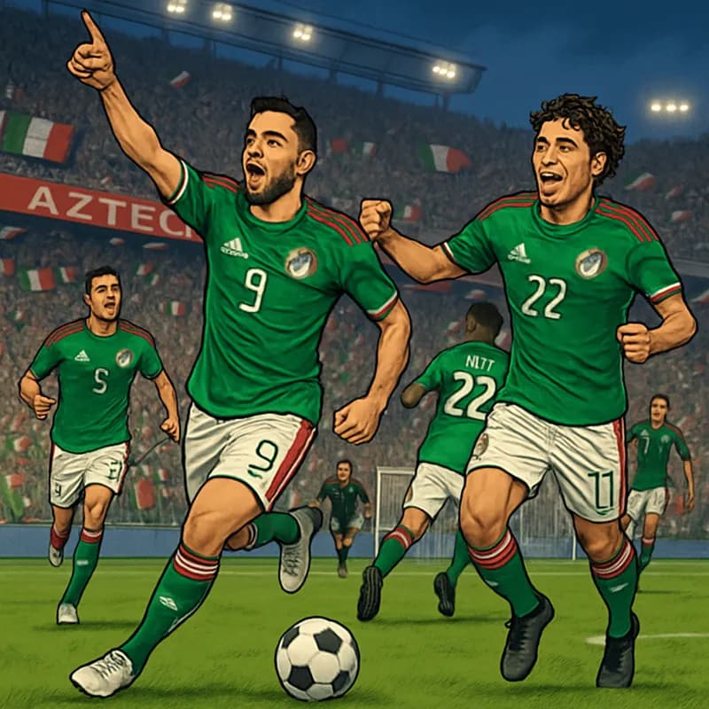 A vibrant scene at the Azteca Stadium, filled with passionate Mexican fans waving flags in green, white, and red. Players in the traditional green jerseys celebrate a goal, with the electric atmospher