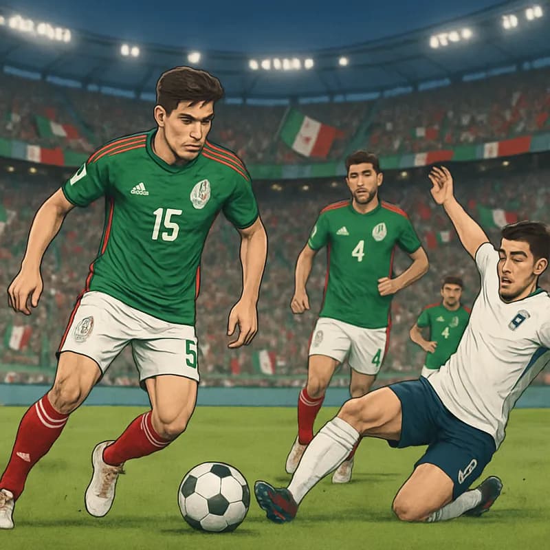 A vibrant stadium scene during the World Cup, featuring the Mexican national team in their green jerseys, passionately supported by fans waving flags. The atmosphere is electric, with players warming 