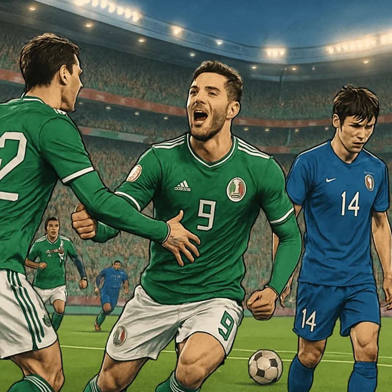 A vibrant stadium scene at Estadio Chivas, with Mexican fans in green jerseys celebrating a goal. The atmosphere is electric as players in their home kit, green with white accents, celebrate a crucial