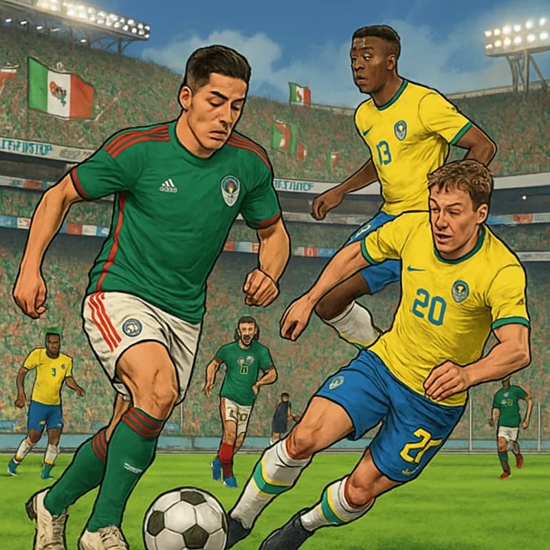 A vibrant scene at Estadio Azteca during a World Cup match, with fans in green Mexico jerseys cheering energetically. The atmosphere is electric, filled with flags and banners, as players warm up on t