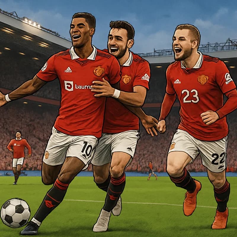 A vibrant scene at Old Trafford with Manchester United players in their iconic red kits, celebrating a goal amidst a packed stadium, showcasing fans in the stands and the lush green pitch.