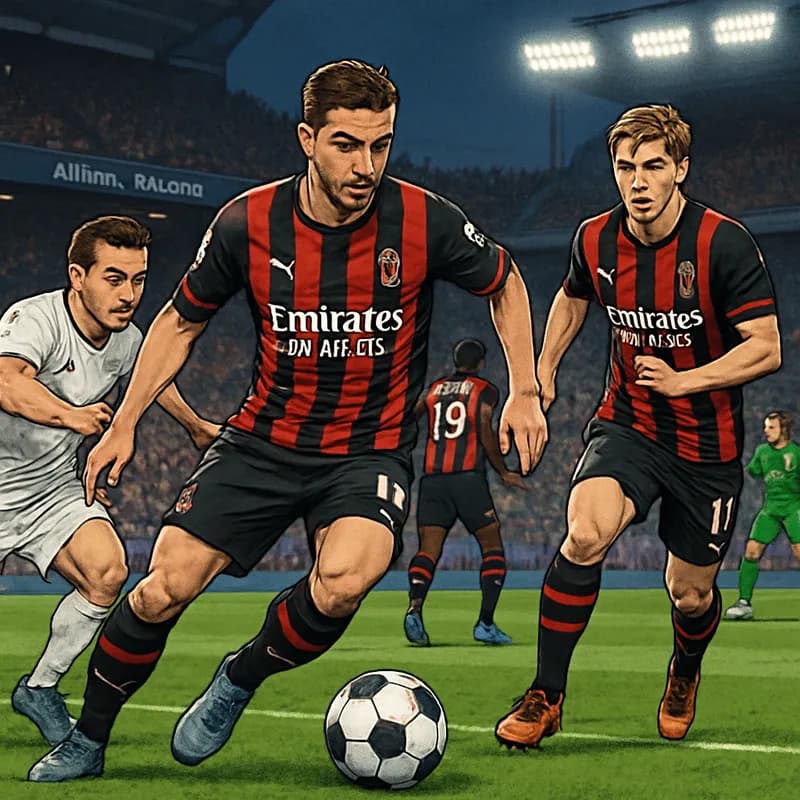 A dramatic scene at the Allianz Riviera, showcasing AC Milan in their iconic red and black striped jerseys, with players warming up on the pitch. The stadium is buzzing with fans, creating a vibrant a