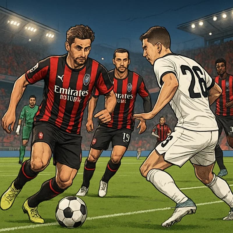 A vibrant scene at the Allianz Riviera, with AC Milan players in their iconic red and black striped jerseys, surrounded by a buzzing crowd. The atmosphere is electric as fans wave flags and banners, s
