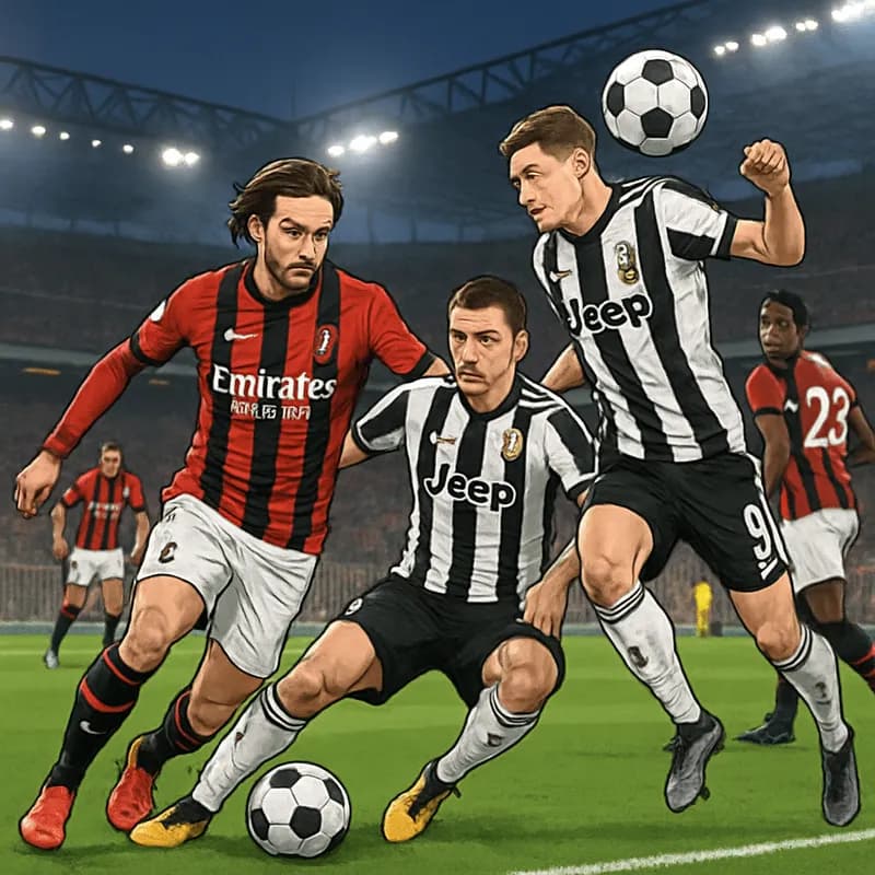 A tense scene at San Siro during the Milan vs. Juventus match, with players in their respective kits: Milan in red and black stripes, Juventus in their iconic black and white stripes. The stadium is v