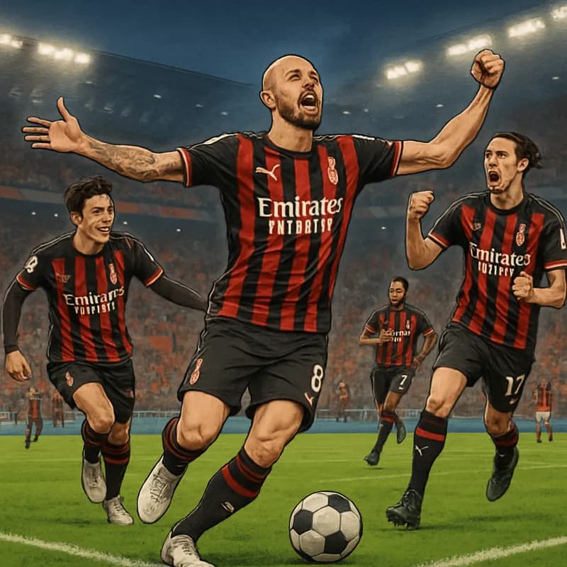 A vibrant scene at San Siro with AC Milan players in their red and black striped jerseys, celebrating a goal. The stadium is packed with enthusiastic fans, waving flags and banners, creating a lively 