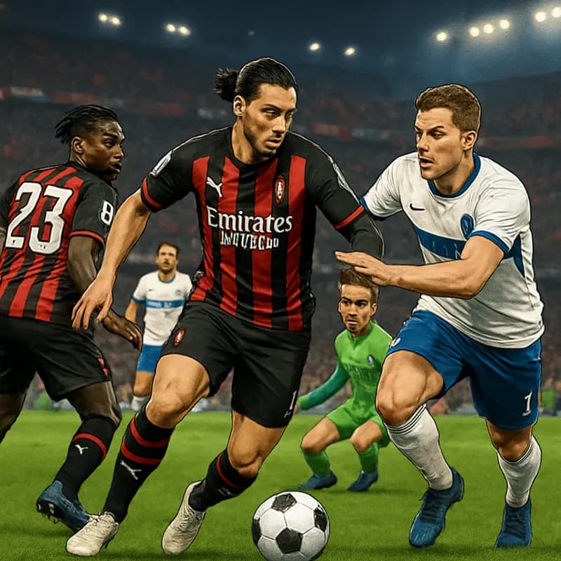 A tense scene at Stadio San Siro during a match, with AC Milan players in their iconic red and black striped jerseys, fans waving flags, and a vibrant atmosphere as they face off against a rival team.