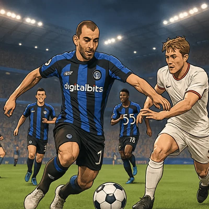 A vibrant scene at San Siro with Inter Milan's blue and black striped jerseys on display. Fans are cheering enthusiastically, with a focus on Mkhitaryan in action on the pitch, surrounded by teammates