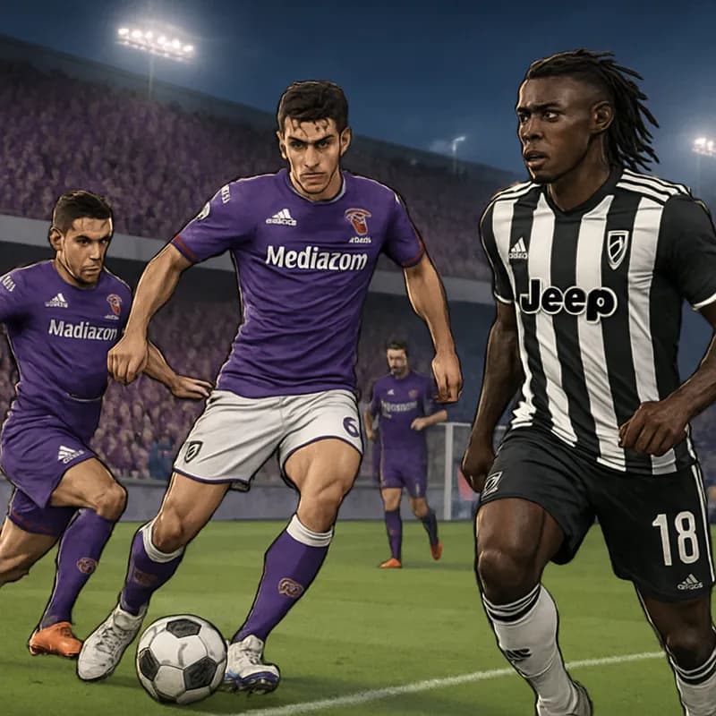 A vibrant scene at Fiorentina's home stadium, with fans in purple jerseys cheering, as Moise Kean is seen on the sidelines looking focused, with a soccer ball and goalposts in the background.