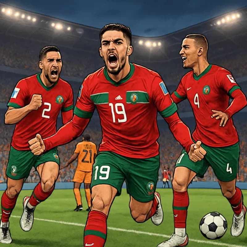 A vibrant scene at Estadio BBVA with Moroccan players in their red and green kits celebrating after the penalty shootout victory against the Netherlands, who are in their orange kits. The stadium is p