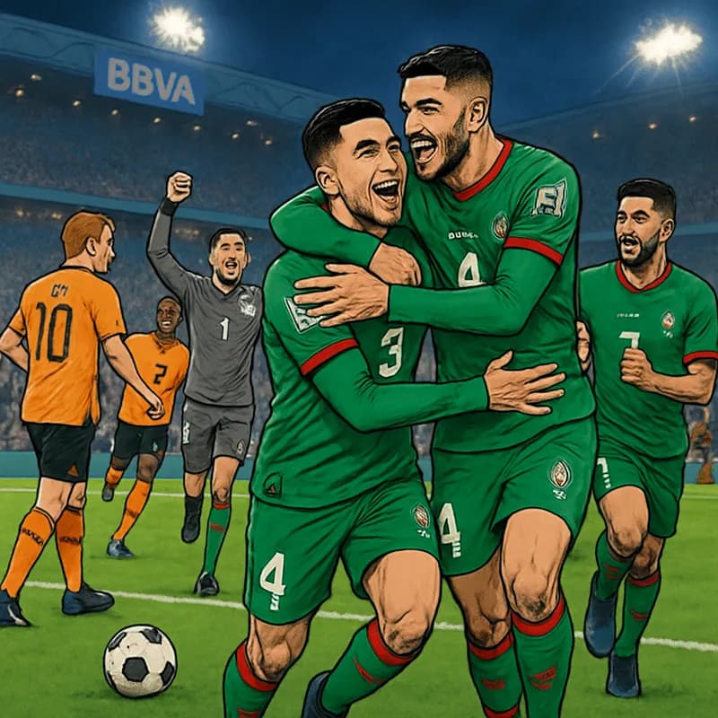A dramatic soccer scene at Estadio BBVA, with Moroccan players in their green kits celebrating after winning a penalty shootout against the Netherlands in their orange jerseys. The stadium is filled w