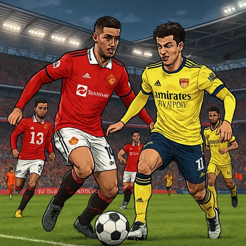 A vibrant scene at Wembley Stadium during the FA Cup final, with Manchester United players in their red jerseys and Arsenal players in their yellow kits. The atmosphere is charged with excitement, sho
