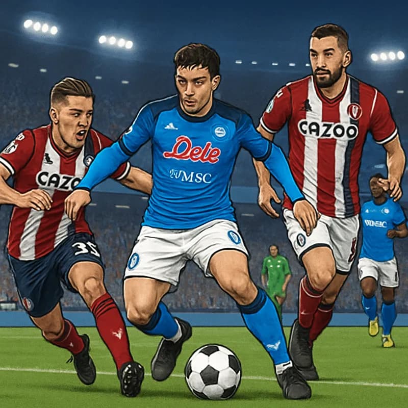 A tense moment at Stadio Maradona with Napoli players in their blue and white kits battling Bologna in red and white. The atmosphere is electric as fans cheer on their teams, with a soccer ball in pla